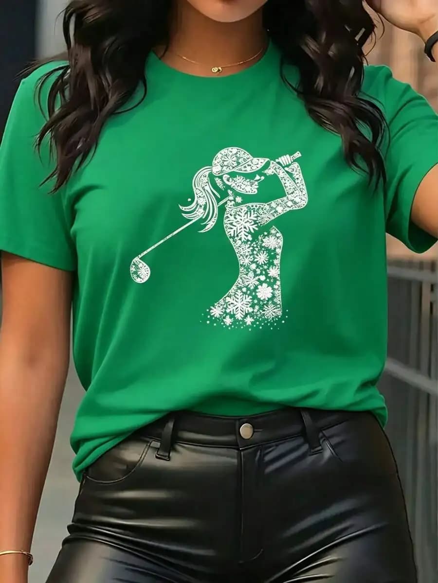 Womens Graphic Golf Swing Snowflake Print T-Shirt Short Sleeve Round Neck Casual Top
