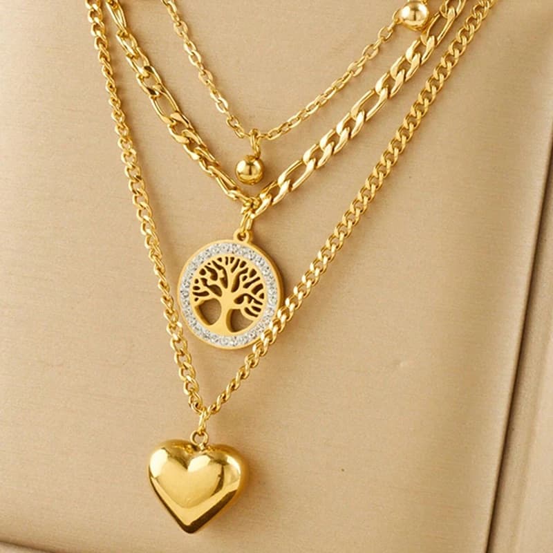 Women's Necklace with Heart Shaped Pendant Color Gold Necklace with Double Layer Crystal Stone Round Pendant Jewelry with St. Valentine's Necklace