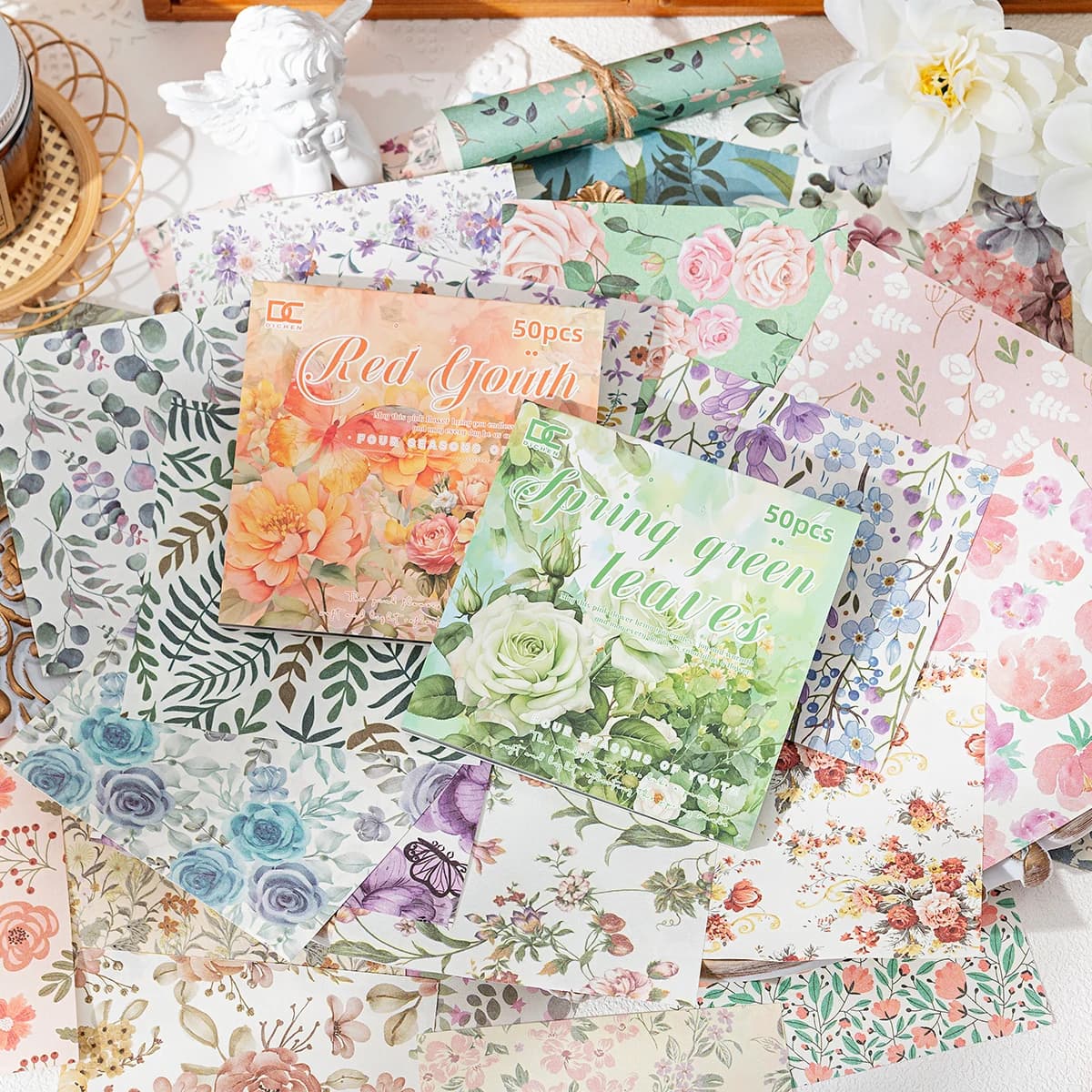 50pcs Retro Floral PET Waterproof Sticker Book, for Cards and Scrapbook Decoration, Sticker and Material Paper Set DIY Stationer