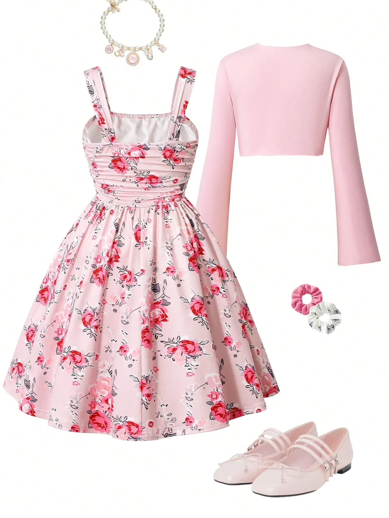 Elegant Floral Print Dress With Shawl, Pink A-Line Mini Dress For Women