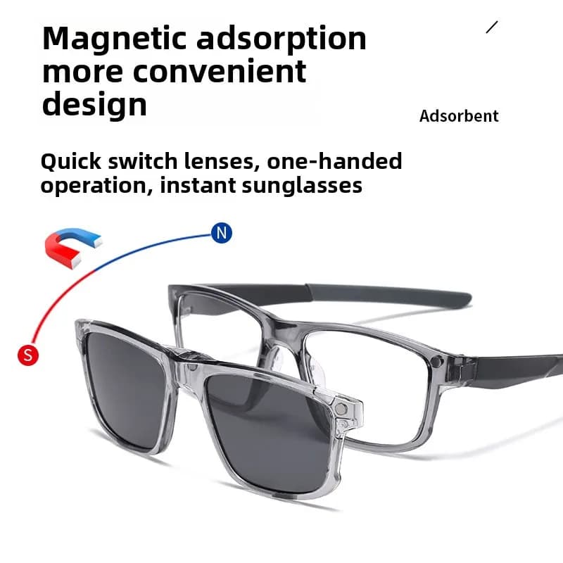 New Polarized Black clip Sunglasses For Men UV Protection Retro Square Full Transparent Grey Frame Magnetic Sunglasses