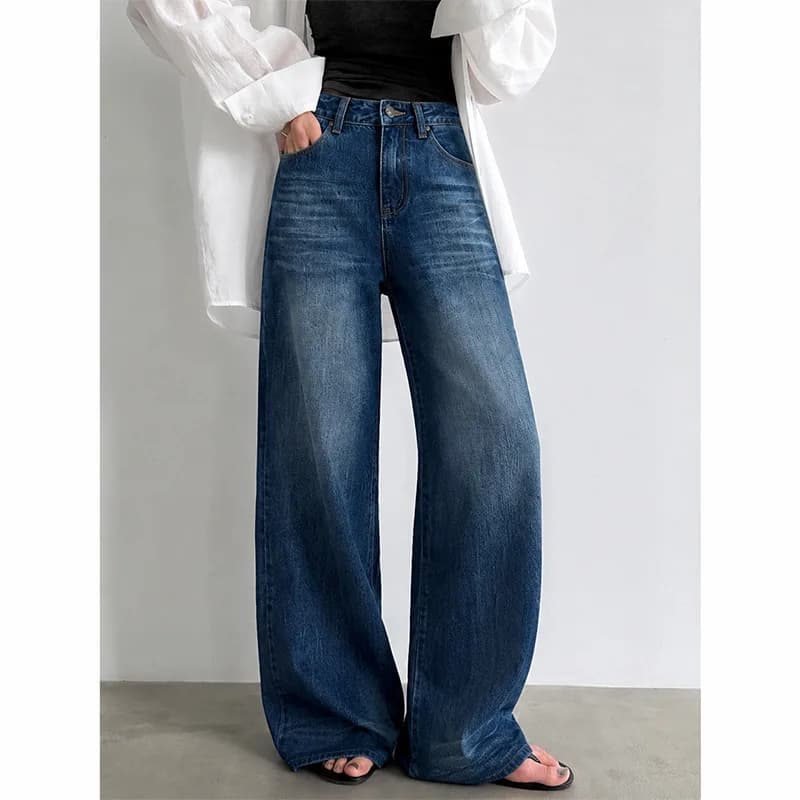 YJKDYK Retro Blue Washed Casual Baggy Jeans Women 2026 Autumn New Korean Fashion Loose High Waisted Wide Leg Denim Trousers