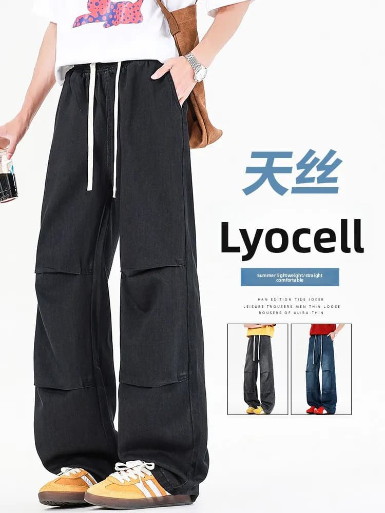 Pantaloni da Lavoro Estivi da Uomo, Sottili, Neri, a Gamba Dritta, con Vita Elastica, Effetto Snellente, Jeans Casual Lunghi