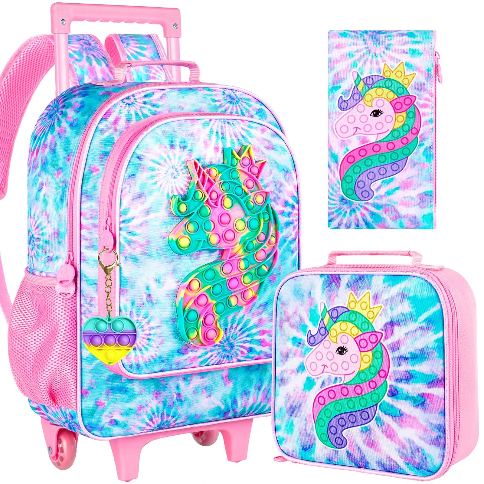 Zaino con ruote da 4 pezzi per ragazze, zaini per bambini con unicorno con ruote a rotelle, zaino con ruote con scatola per il pranzo per bambini elementari