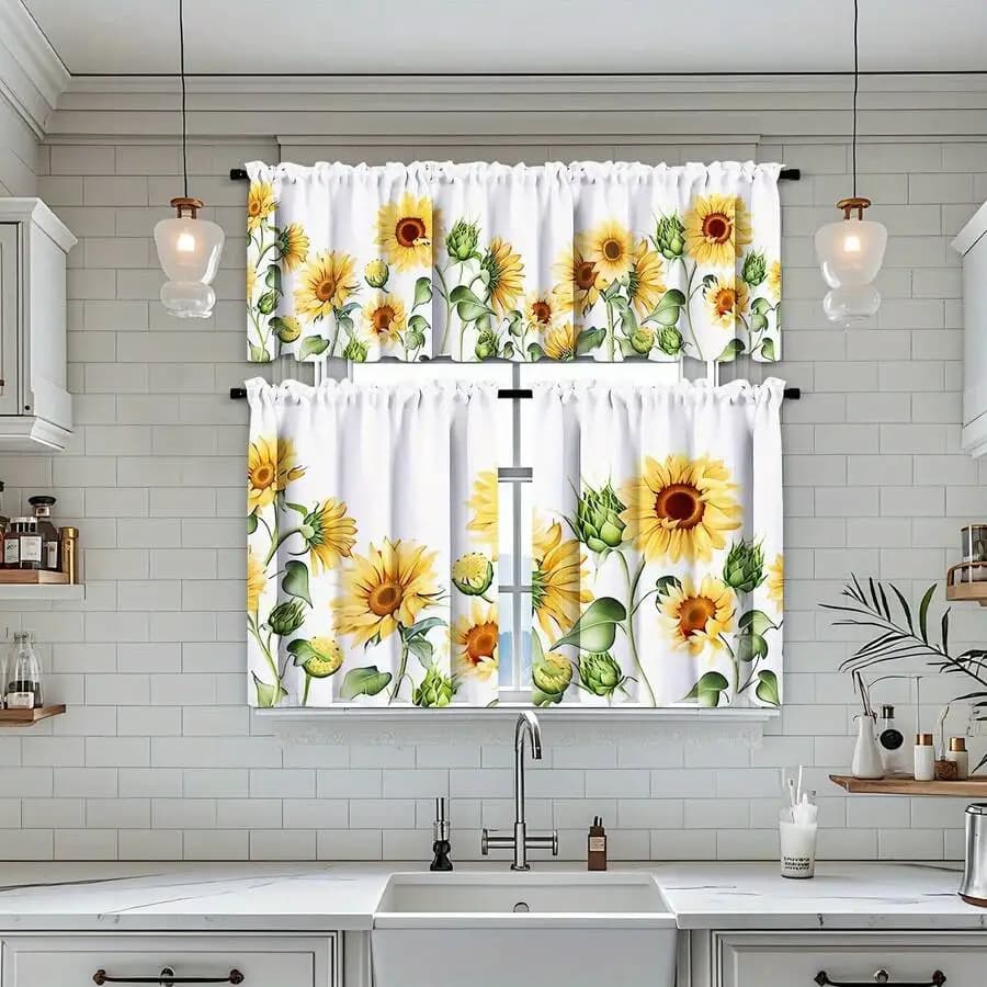 2 Panel 28x40 Inch + 1 Panel 18x60 Inch Semi-Sheer Floral Curtains With Rod Pocket For Kitchen Living Room