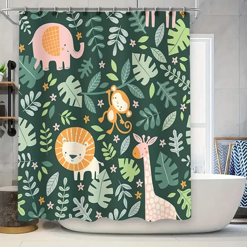 Tenda da doccia con animali della giungla verde con elefante rosa, leone arancione, decorazione da bagno per bambini, per ragazzi e ragazze, tessuto impermeabile 72 x 84 i