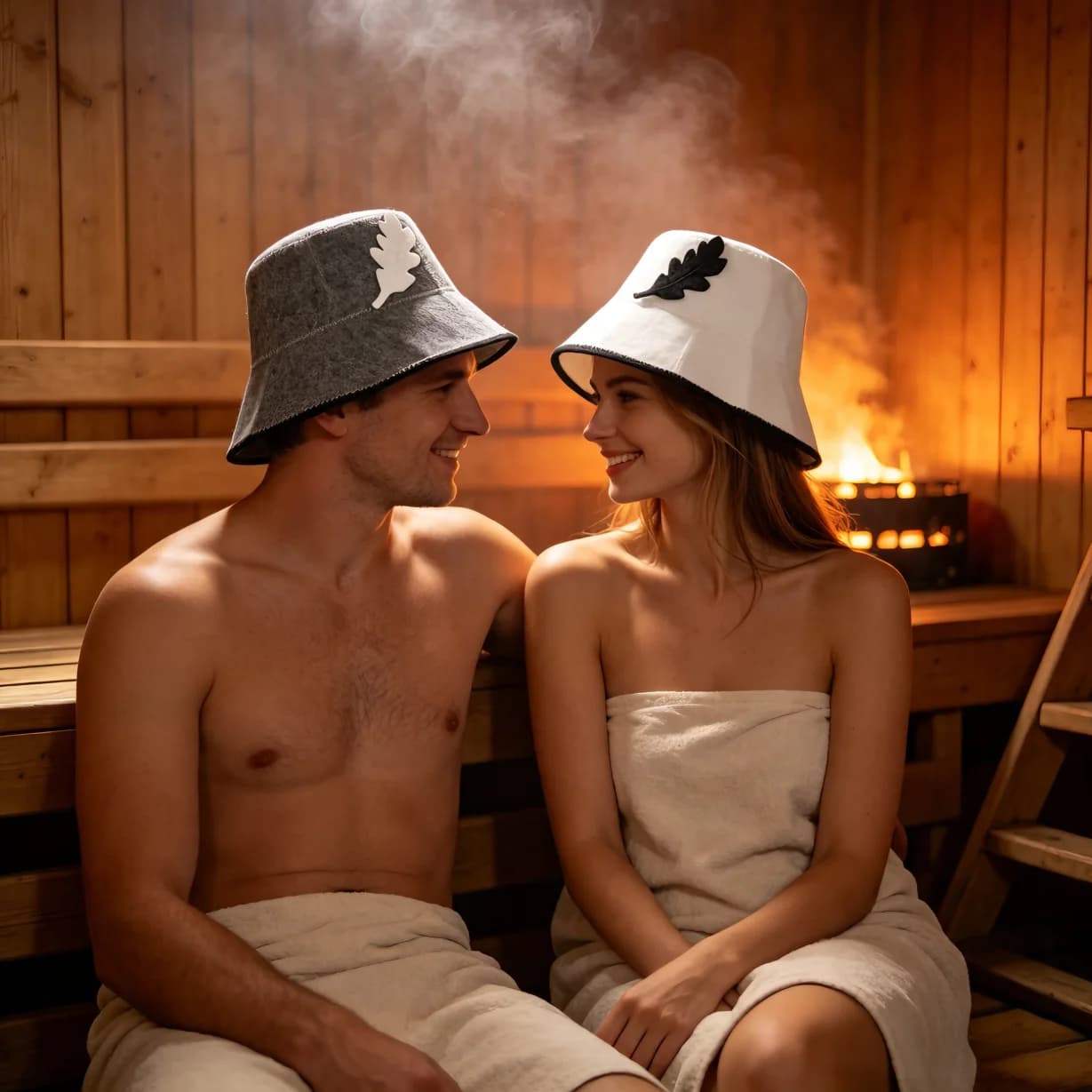 2Pcs Couple Felt Sauna Cap Set Oak Leaf Decor Russian Banya Hat Heat‑Resistant Bath Hat For Men Women Sauna Room Accessories.