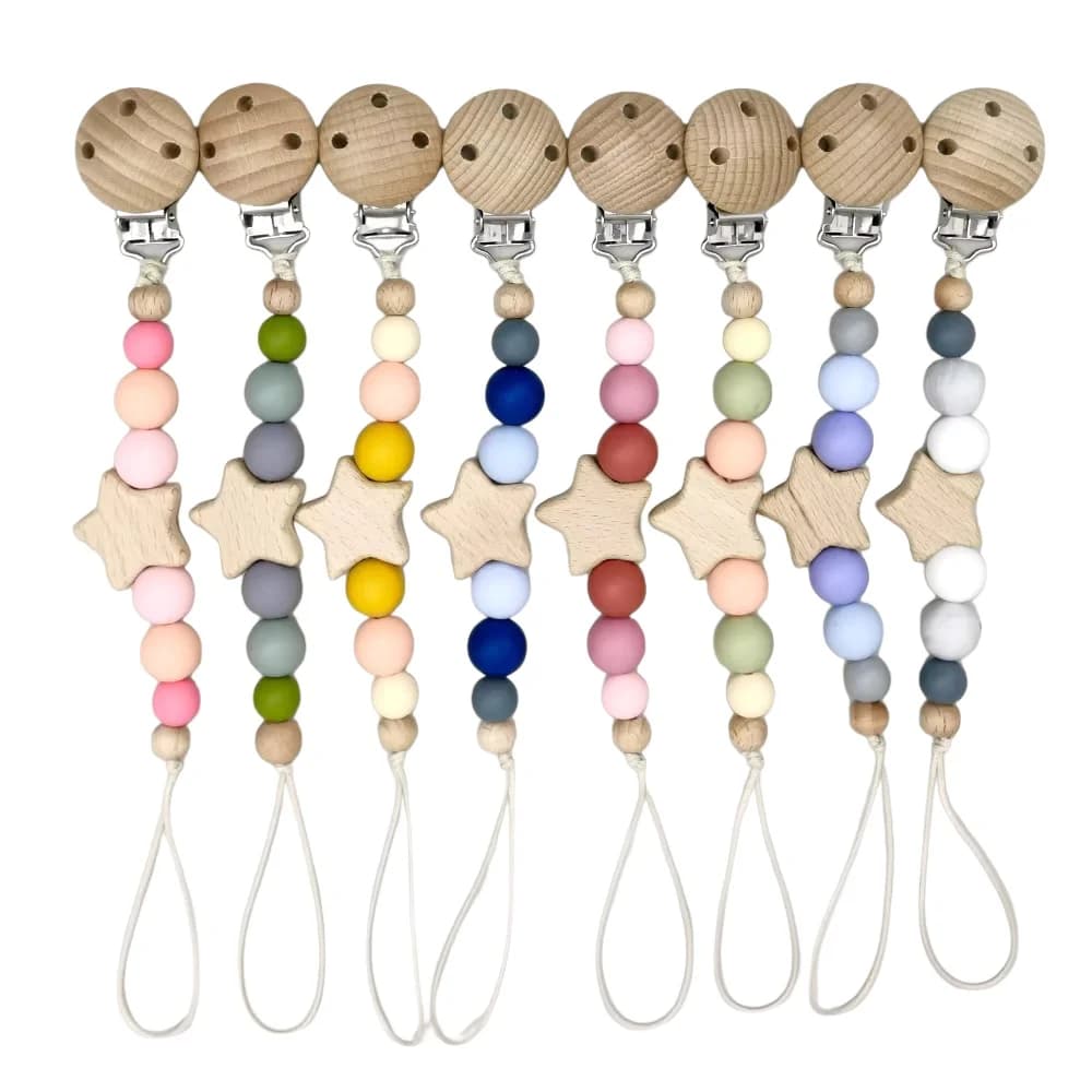 Baby Pacifier Clip Chain Wooden Pentagram Nipples Chew Children Teether Teething Gift