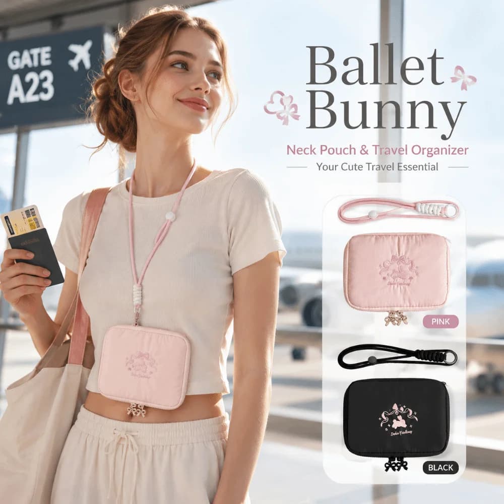 Portable Hanging Travel Neck Pouch Ballet Rabbit Mesh Card Organizer Bag Lightweight Passport Holder for Cosmetic
