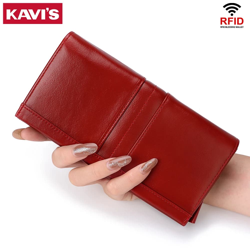 Portafoglio in vera pelle di marca di lusso KAVIS per donna pochette lunga con borsa per cellulare borsa porta carte di credito rossa moda RFID