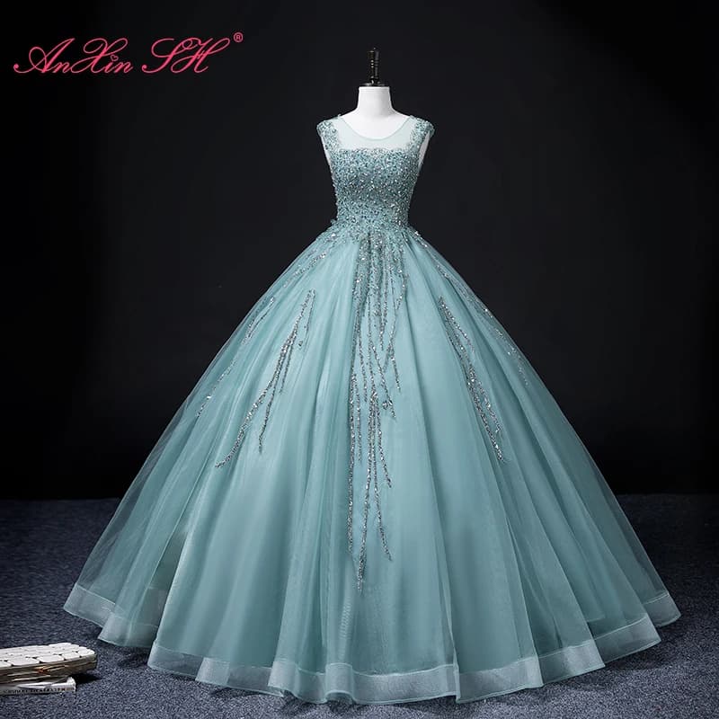 AnXin SH vintage principessa grigio verde pizzo o collo con perline abito da ballo di cristallo senza maniche abito da sera personalizzato con lacci