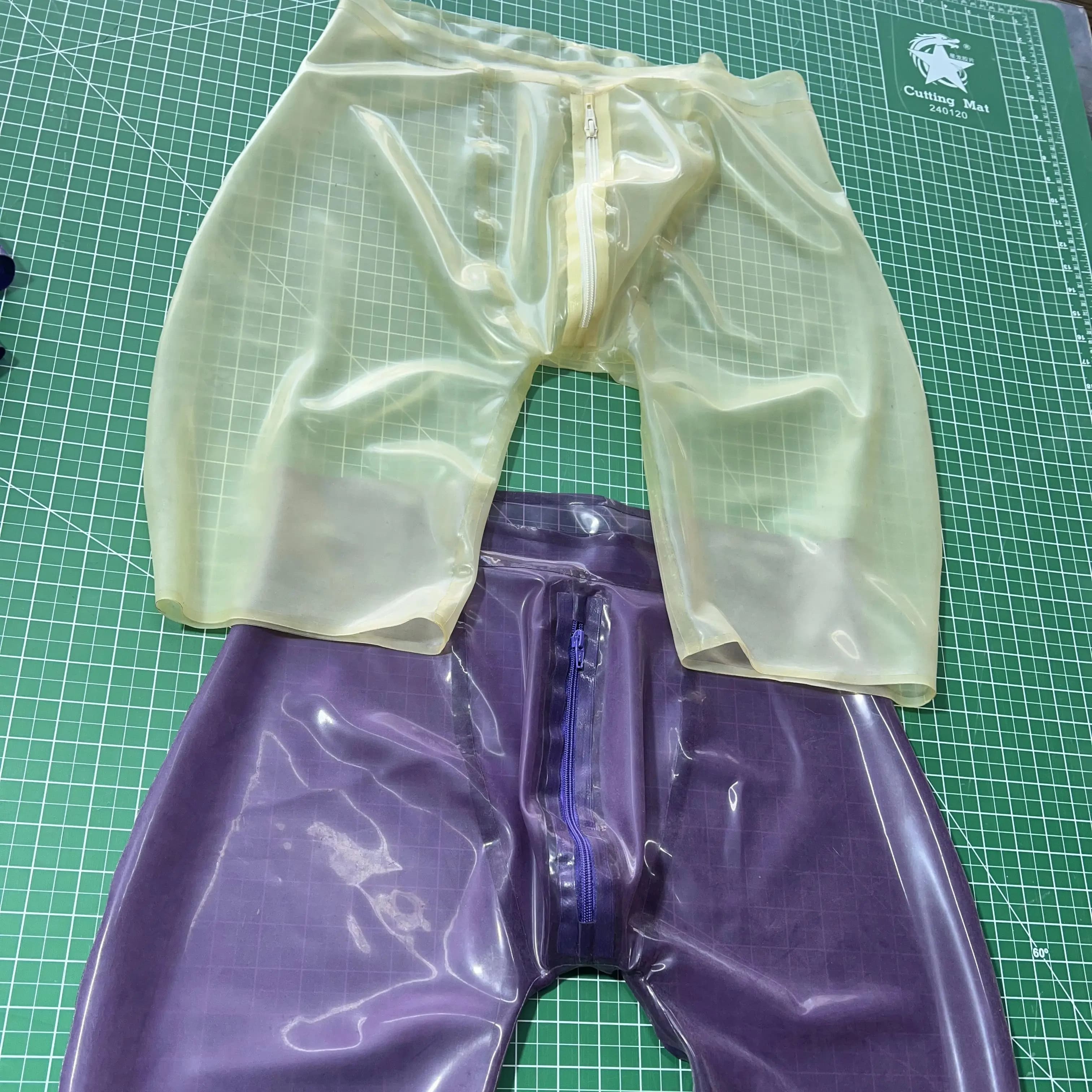 Pantaloni in lattice naturale trasparente con cerniera frontale e tasca sagomata, leggings in gomma aderenti