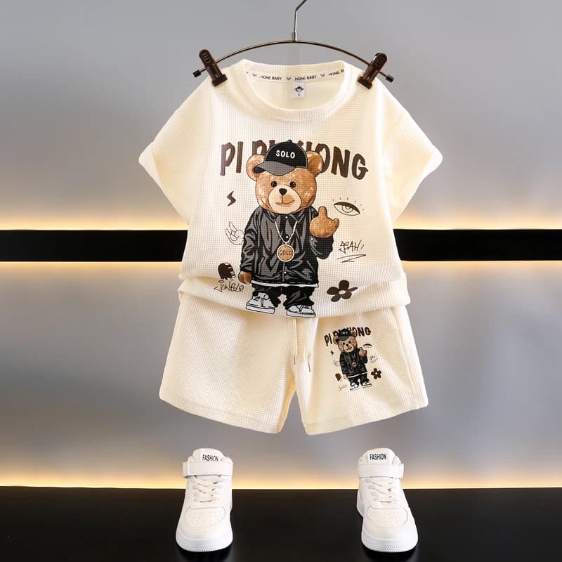 Completo Estivo a Maniche Corte per Bambini, Set Due Pezzi alla Moda, Abbigliamento Casual Sportivo per Bambini, Cotone 80% Fibra di Cellulosa Rigenerata