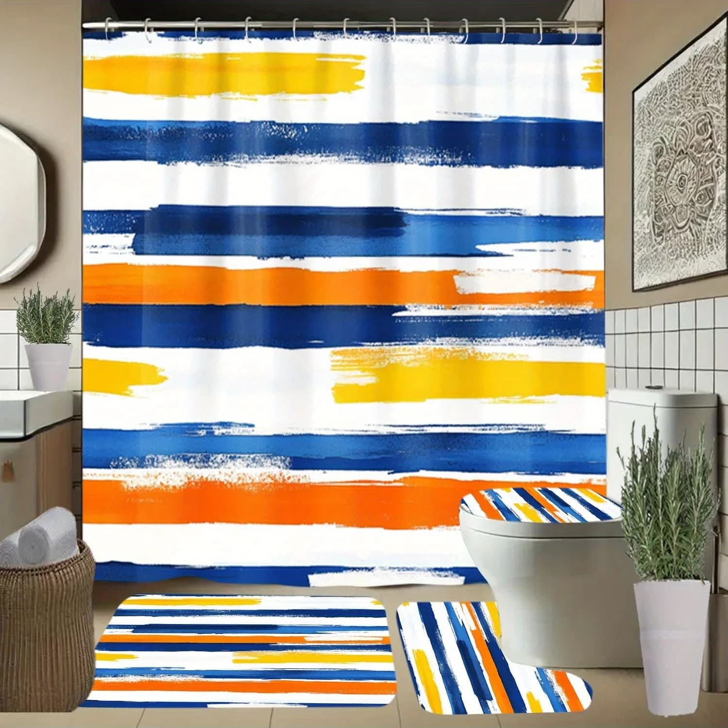 Tenda da doccia con motivo a strisce blu e arancioni da 4 pezzi con ganci, tende divisorie per il bagno, accessori per il bagno, per tutte le stagioni