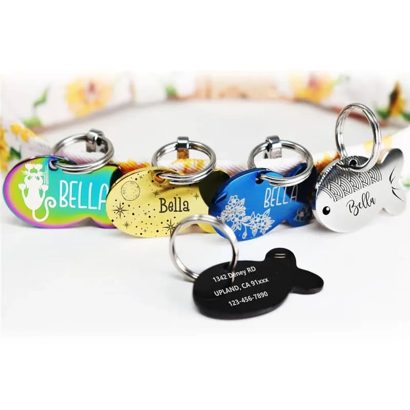 Targhetta identificativa per gatti con incisione personalizzata gratuita targhetta per gatti a forma di pesce carino targhetta per animali domestici Anti-smarrimento per collana con collare di gatto accessori per animali domestici