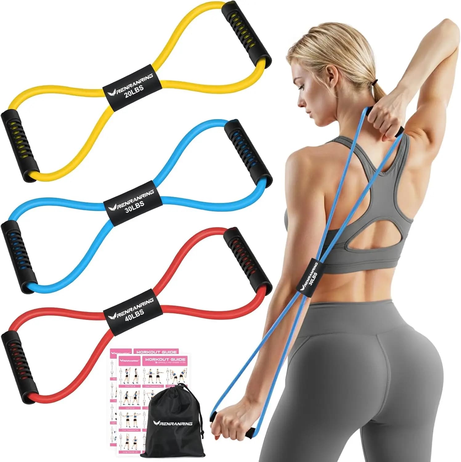 Set di 3 Fasce di Resistenza a Forma di 8 - Bande Elastiche per Esercizi di Braccia, Spalle e Gambe - Fasce Fitness Portatili per Palestra Domestica e Yoga