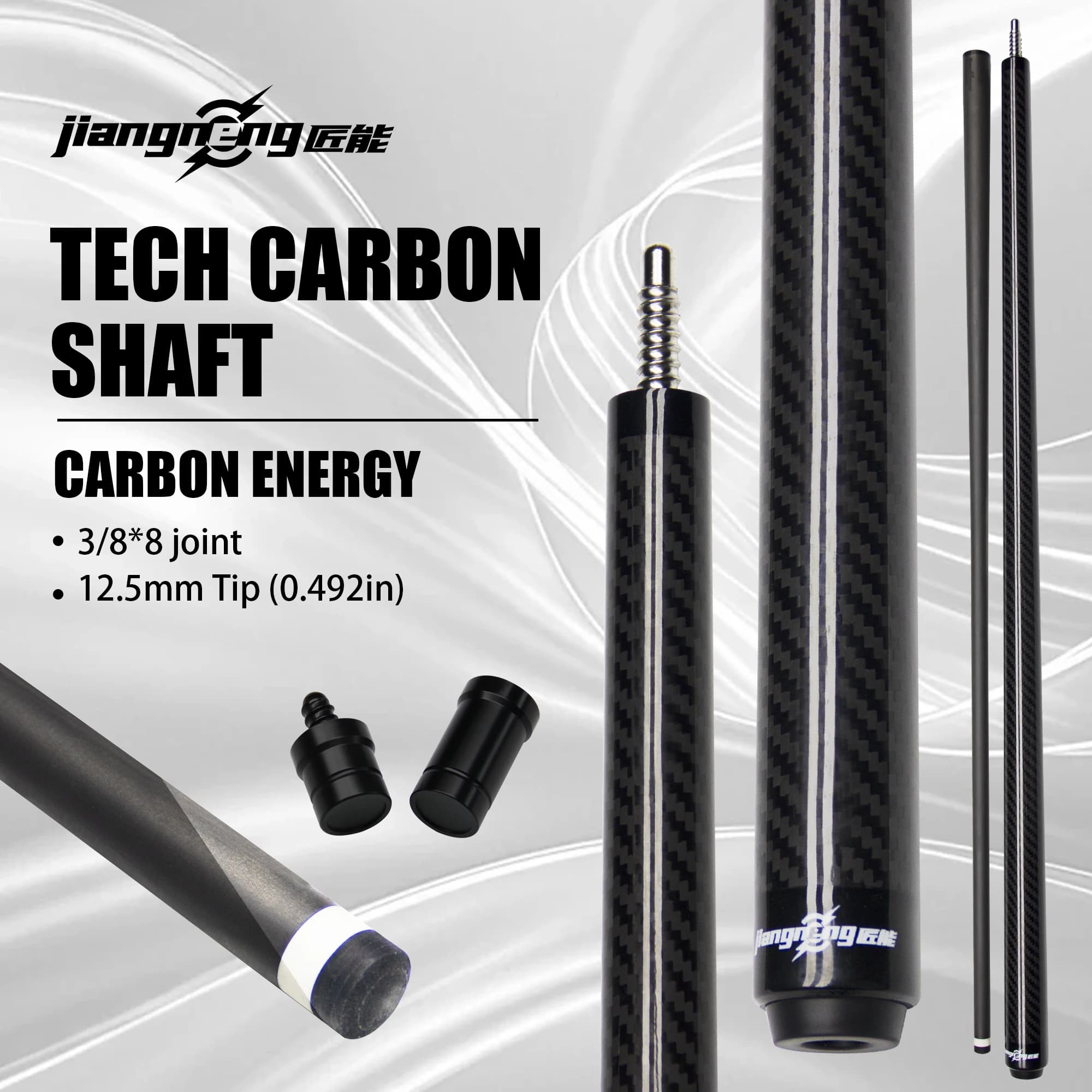 Stecca da biliardo Pro Carbon Energy da 12,5 mm - Albero completamente in fibra di carbonio per potenza e precisione esplosivi, giunto in acciaio inossidabile