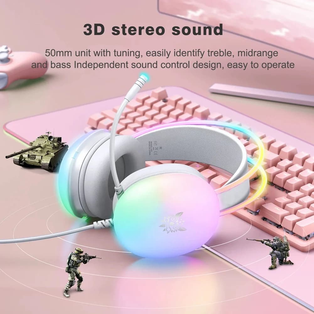 Reliable-ONIKUMA Gaming Headset with RGB Dynamic Lighting Wired Over-Ear Headset with Noise Canceling Microphone for PC White