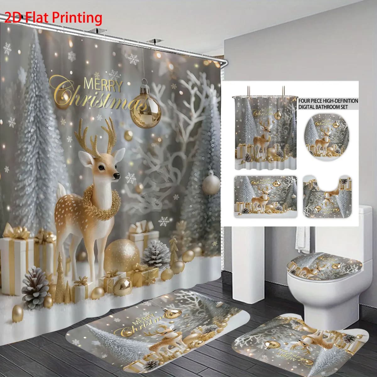 Set da bagno 4 pezzi con renna natalizia stampata bianca, tenda da doccia impermeabile 180x180, tappetino, tappetino a forma di U, tappetino per WC