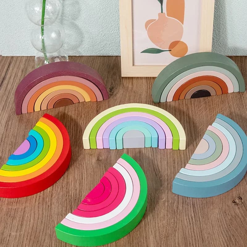 Ponte ad arco Arcobaleno Blocchi di costruzione in legno Giochi impilabili Colore Cognitivo Bambini Giocattoli educativi in legno Montessori per bambini