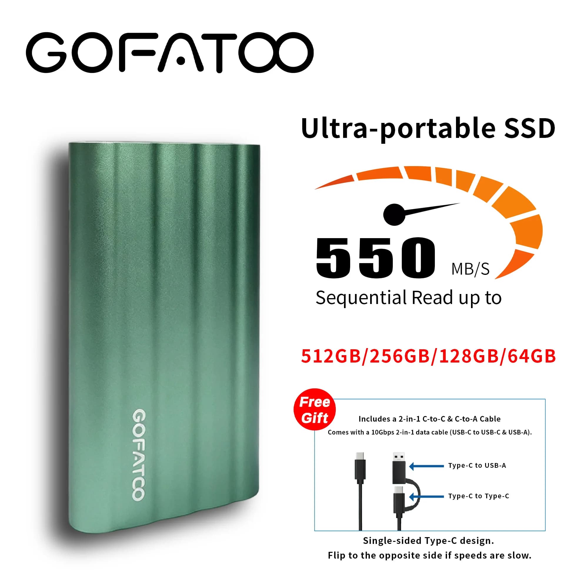 GOFATOO Portable SSD 550MB/s USB 3.2 Gen1 Type-C USB-A External Drive 512GB-32GB for iPhone 15/16/17 PC Laptop
