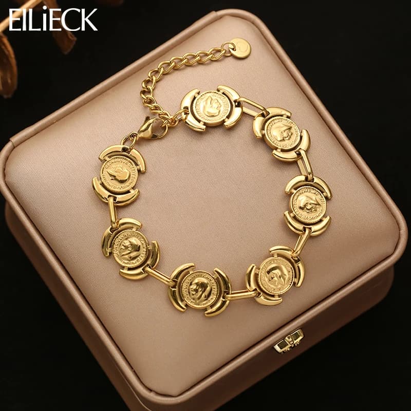 EILIECK Braccialetti con ritratto rotondo in acciaio inossidabile 316L color oro per le donne Regalo di gioielli impermeabili con catena da polso alla moda