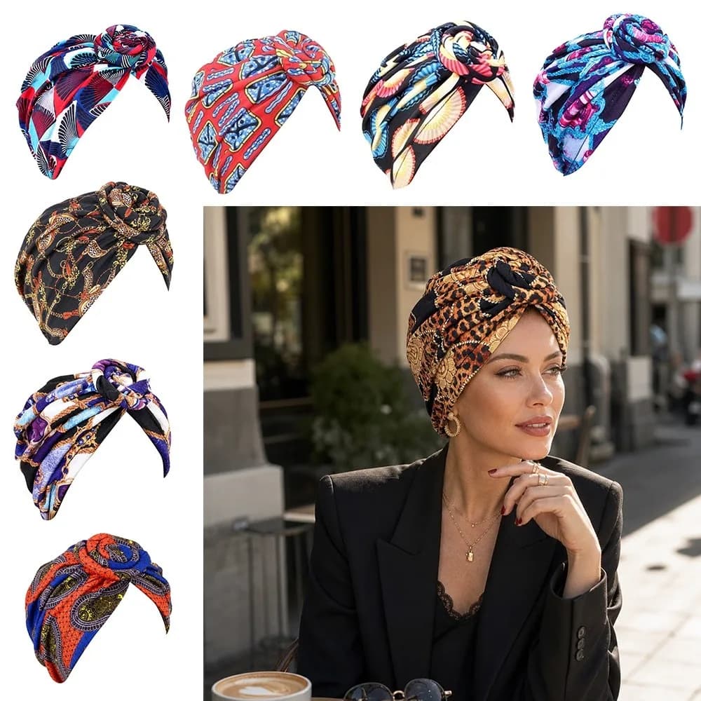 Hijab Africano con Stampa Floreale, Stile Plissettato Annodato, Copricapo Islamico Traspirante, Morbido e Confortevole, Accessorio Versatile
