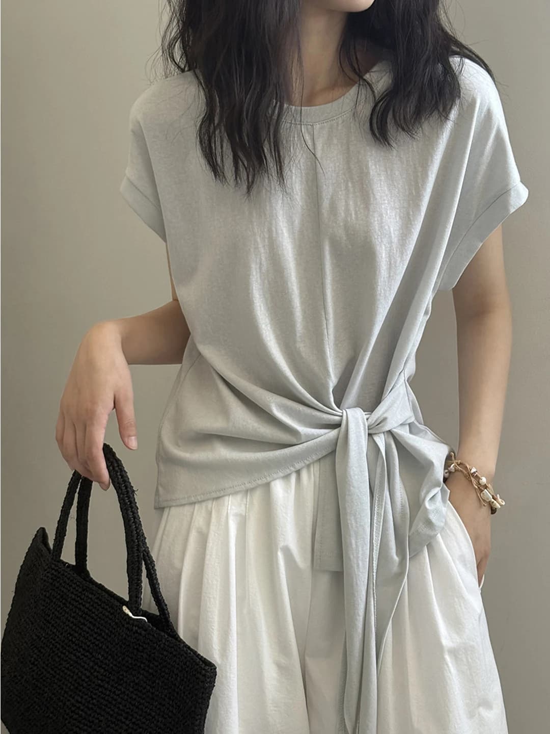Women's Loose Fit Short Sleeve T-Shirt Pure Color Belted Waist Design Summer New Style Commute Style Korean Version Poem Memory