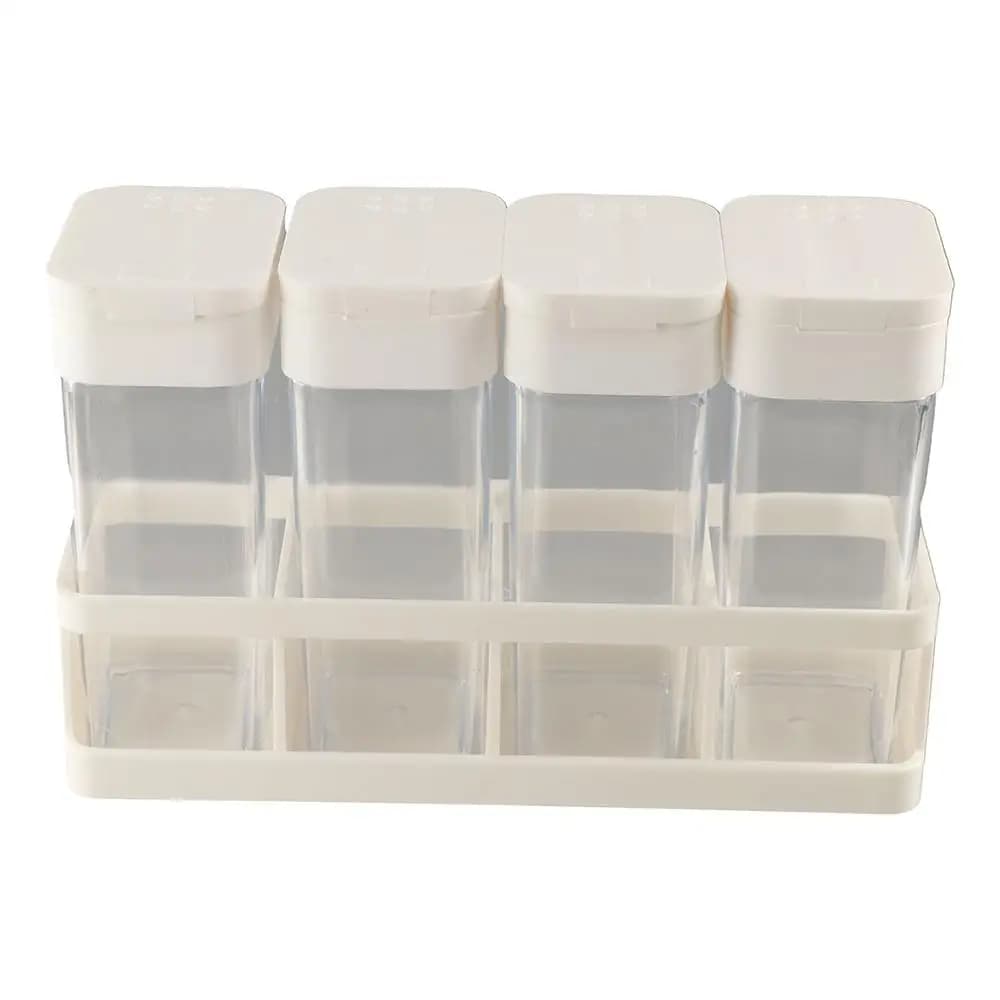 Set di 4 Barattoli per Spezie in Plastica Senza BPA con Porta Spezie, Set di Contenitori per Condimenti a Quattro Scomparti, Dispenser per Spezie con Apertura Scorrevole