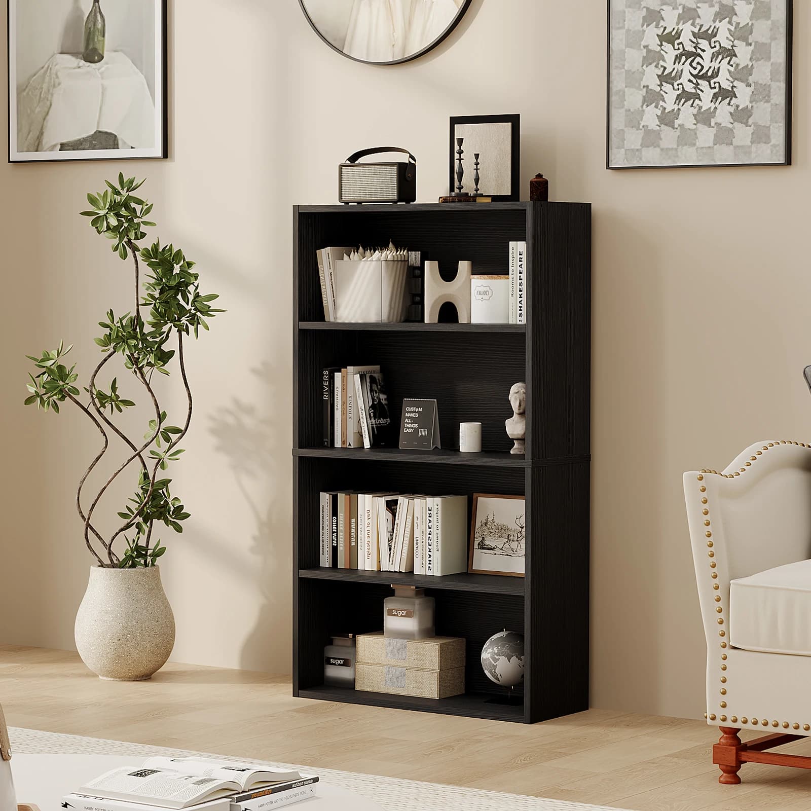 Libreria JHK a 3-4 Ripiani in Legno, Scaffale Alto da Terra Aperto per Soggiorno e Ufficio Domestico, Stoccaggio Personalizzato