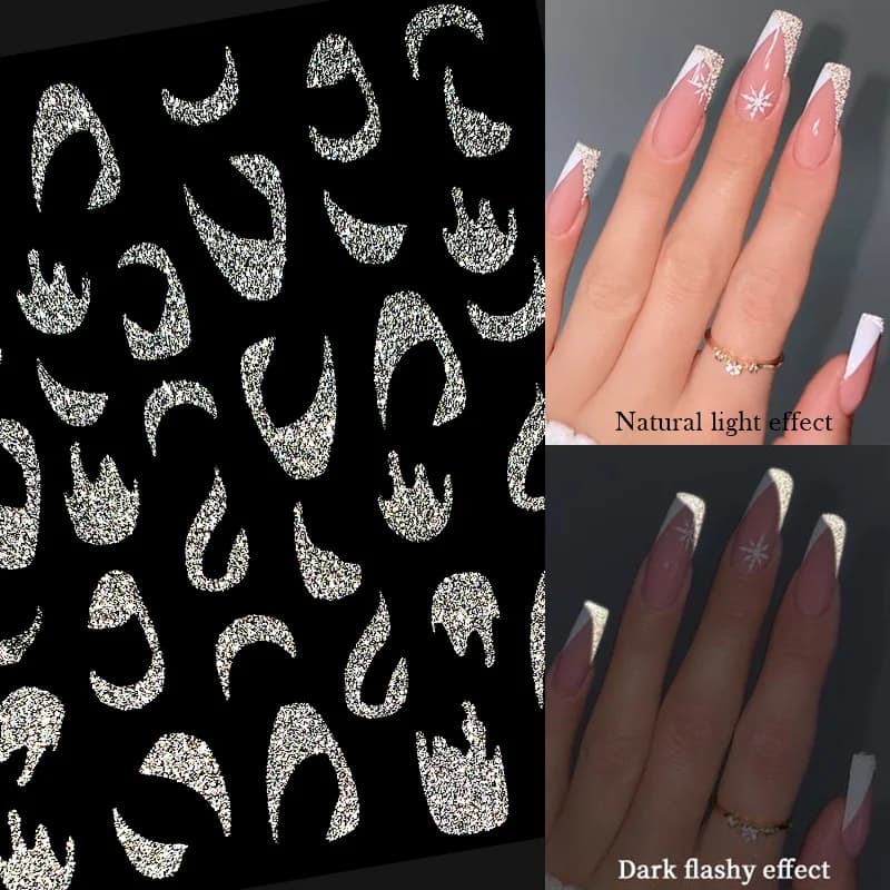 Adesivi 3D per Unghie Stile Francese, Design a Righe, Decalcomanie in Stile Francese, Nail Art Trasferibile, Adesivi Decorativi Argento Riflettenti Glitterati