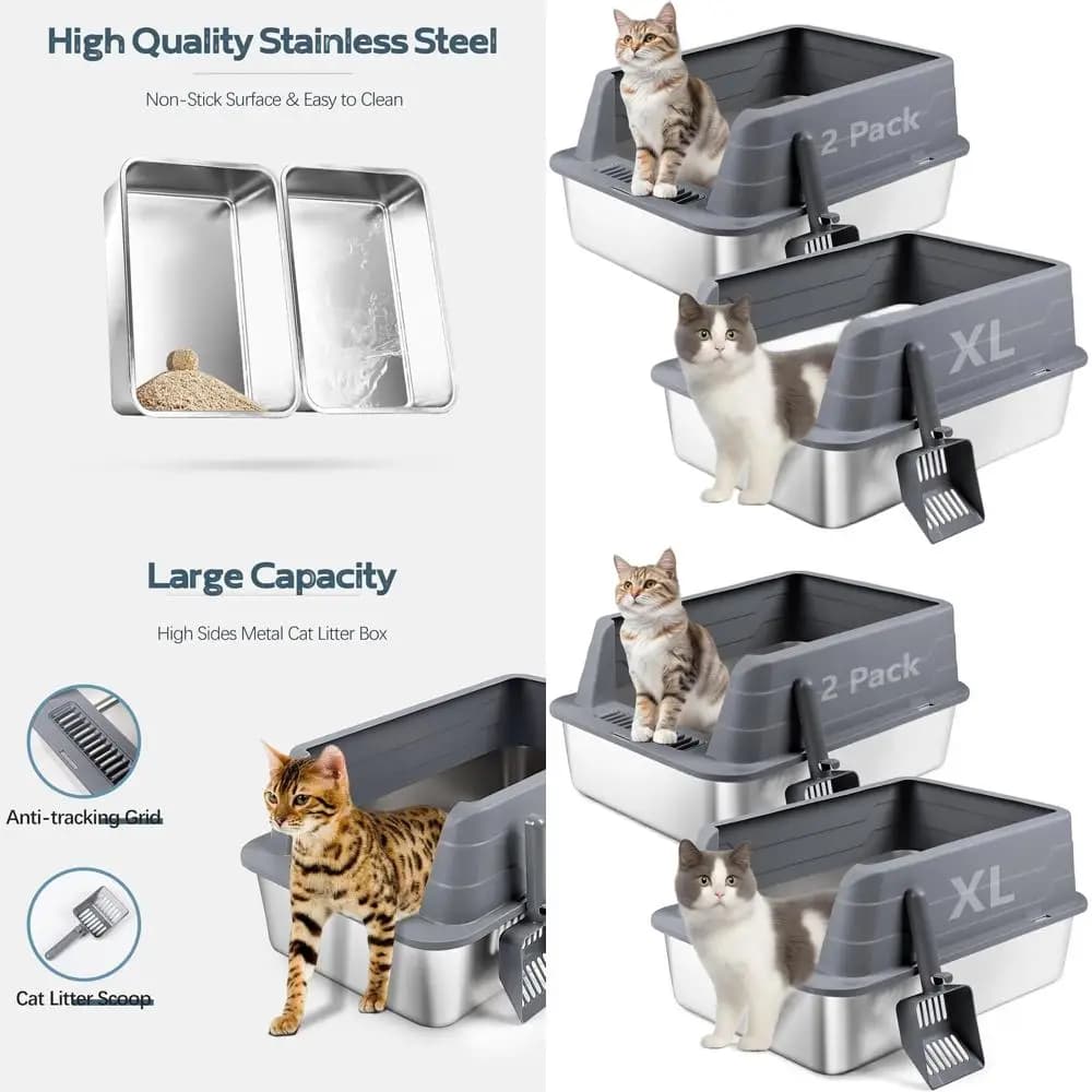 Lettiera per Gatti in Metallo Extra Large con Bordi Alti e Paletta, XL 22.9x15x10.3, Controllo Odori, Facile da Pulire (Grigio)