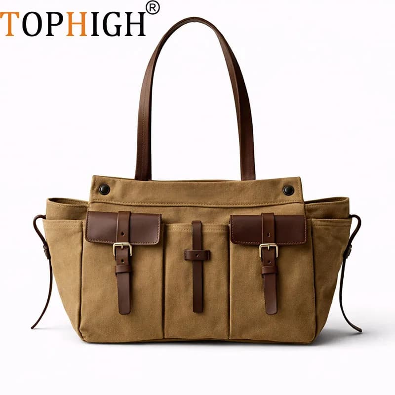 TOPHIGH Route Canvas Tote Bags For Women Luxury Designer Handbag And Purse New In Multiple Pockets Top Handle Cloth Shoulder Bag