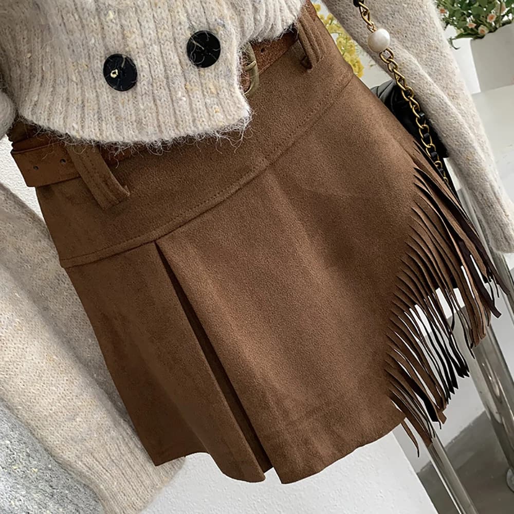 Gonne con nappe in pelle scamosciata vintage Gonna divisa in tinta unita irregolare autunno inverno da donna Minigonne a trapezio per tutte le partite casual