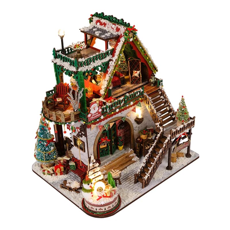 DIY Wooden Miniature Model Kits Snowy Christmas Lodge Cottage 3D Puzzle Dollhouse With Furniture for Friends Birthday Gifts