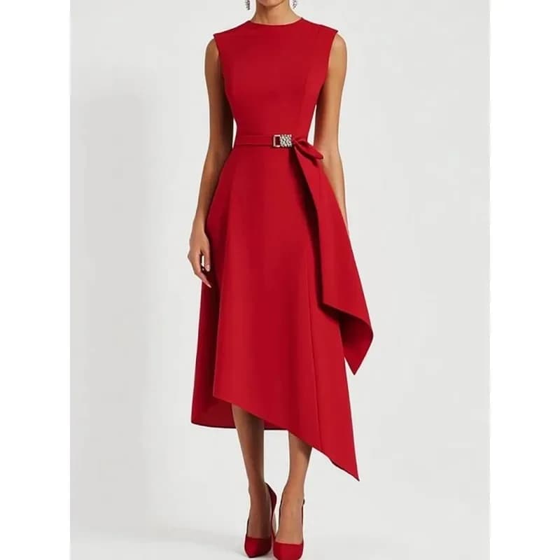 Asymmetrical sleeveless dress with buckle and women's belt, perfect for cocktail parties, weddings and formal occasions