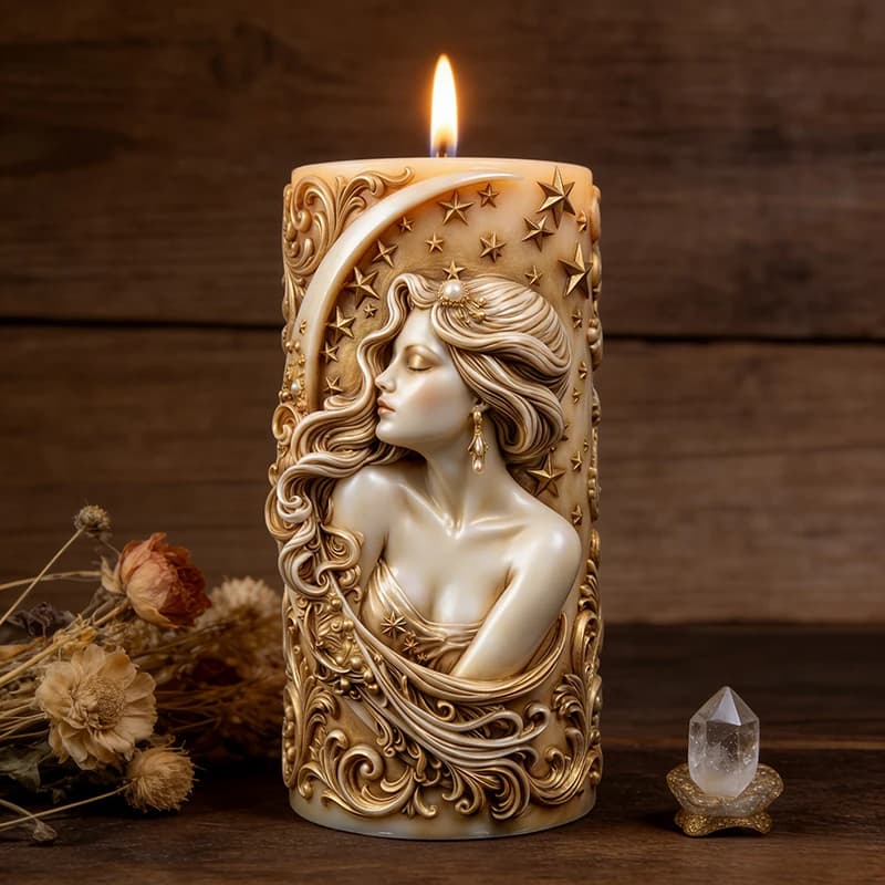 Stampo in silicone per candele profumate New Moon Star Goddess - Stampo in silicone per realizzare candele profumate con il profilo di una donna con gli occhi chiusi e motivi di stelle e luna