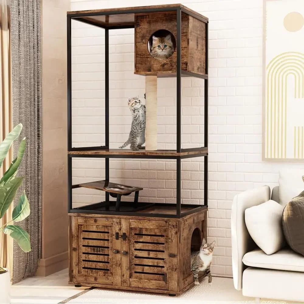 3-Level Cat Tree Tower with Elevated Feeding, Scratching Posts, Hidden Litter Box, and Wooden Pet House in Rustic Brown