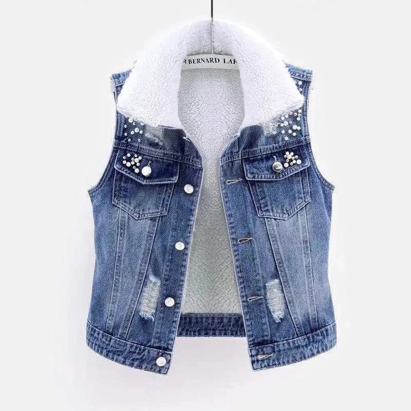 Autunno Inverno Jean Gilet Donna Street Trend Senza maniche Fodera in pile Giacche di jeans corte Stile fidanzato Risvolto Caldo peluche Chalecos
