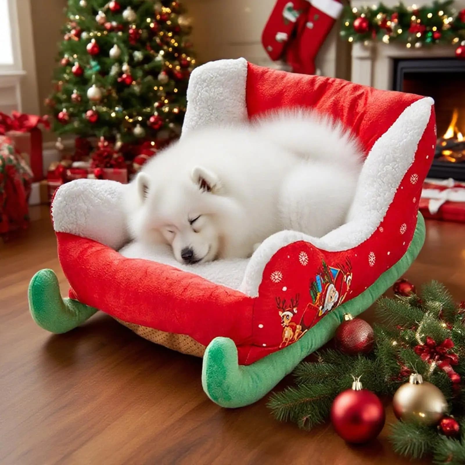 Lettino per cani in peluche con slitta natalizia Lettino per cani con slitta natalizia Letti per animali domestici di Babbo Natale per cani e gatti Letti per animali domestici a tema natalizio in peluche festivo