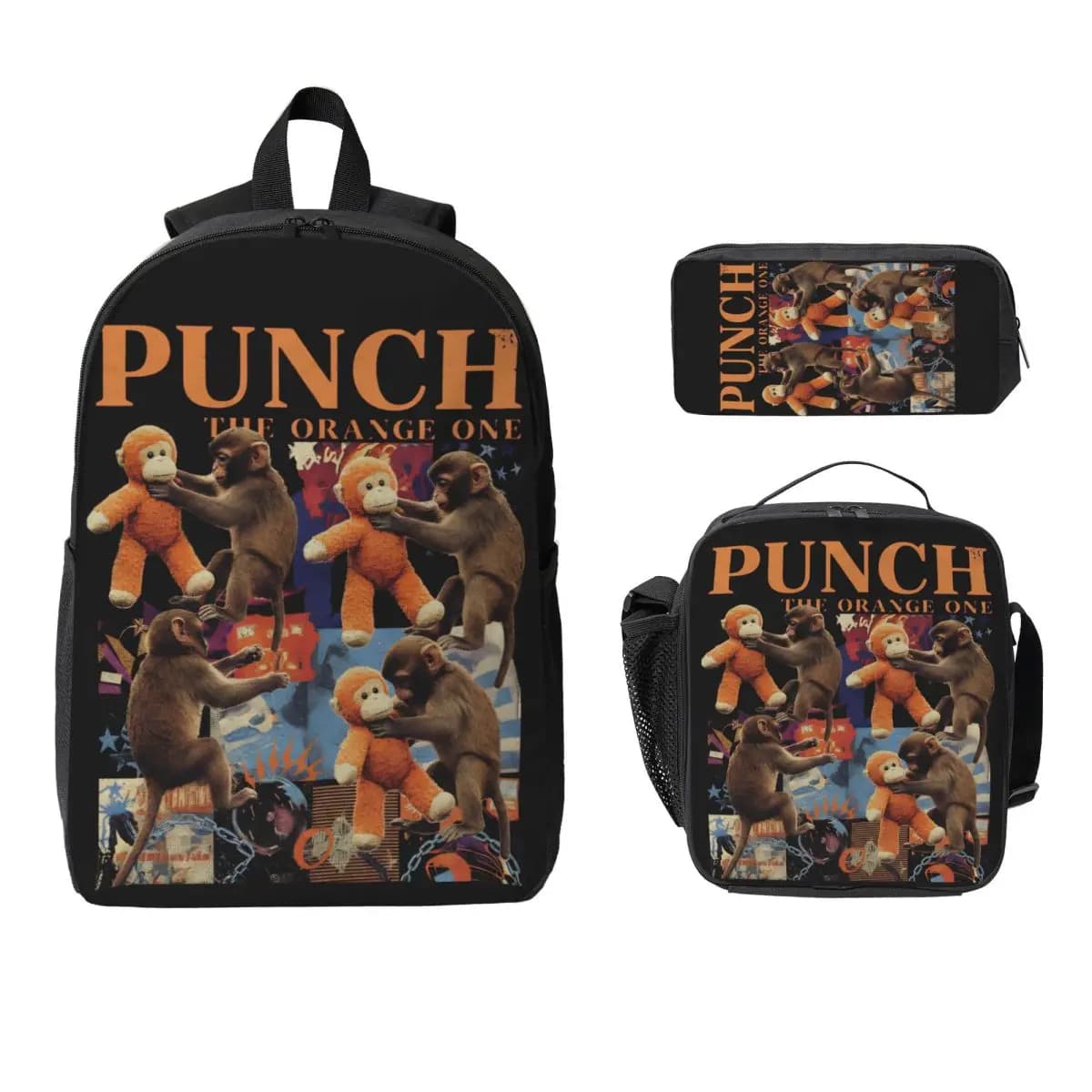 Monkey Punch Baby Monkey Holding Accessories Backpack Set for Girls Boys Pencil Boxes Bookbag Sets with Lunch Box For Knapsack