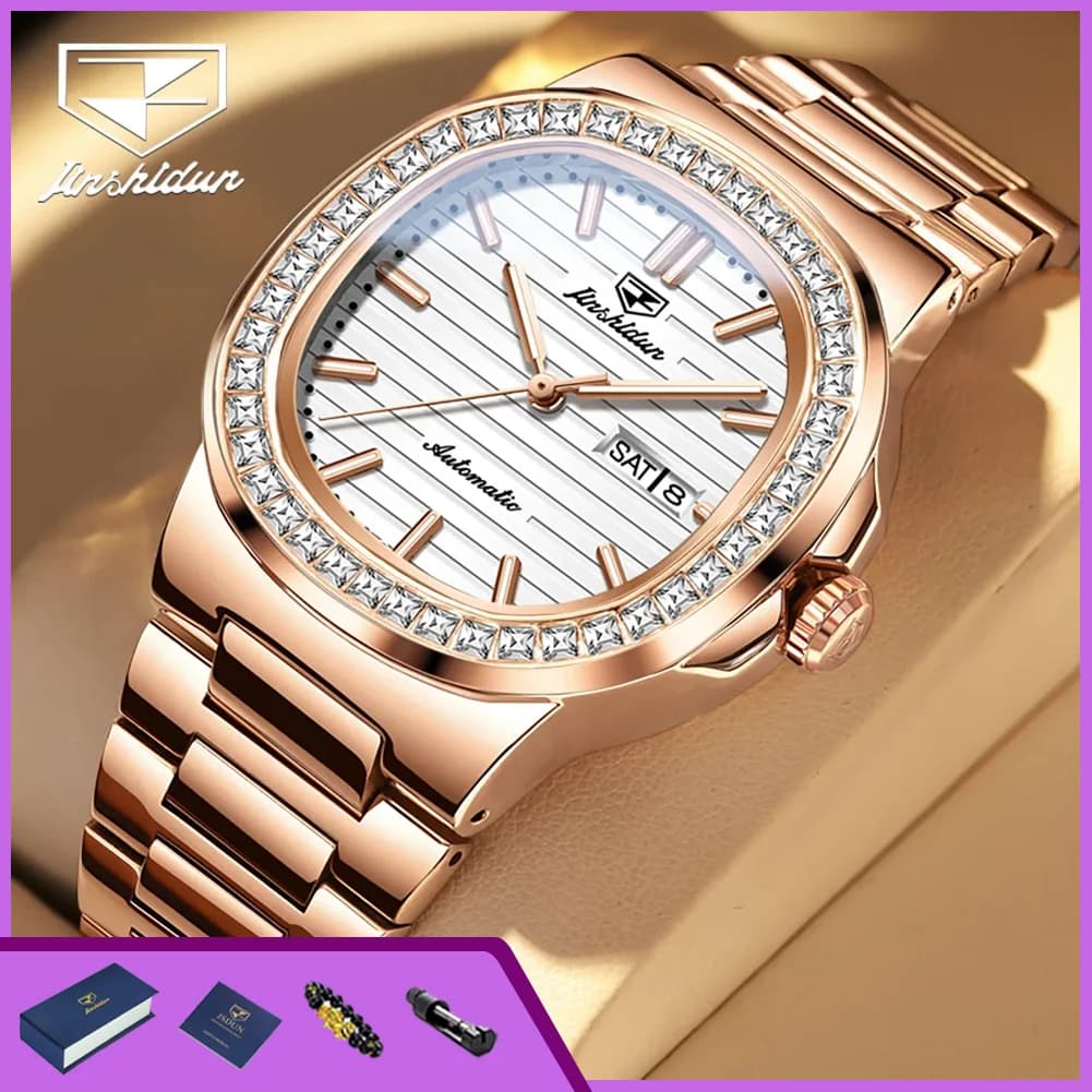 JSDUN 8953 Orologio da Uomo di Lusso, Marca Originale con Lunetta Diamantata, Orologio Meccanico Automatico con Calendario, Impermeabile e Luminoso