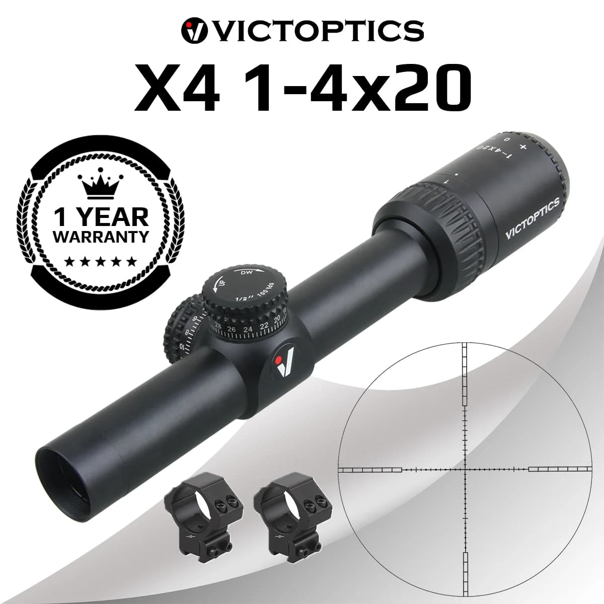 Cannocchiale da Caccia VictOptics X4 1-4x20, Mirino Ottico Telescopico, Ottica da Tiro per Airsoft, Fucile ad Aria Compressa, Rimfire .22LR .177HMR .223 5.56