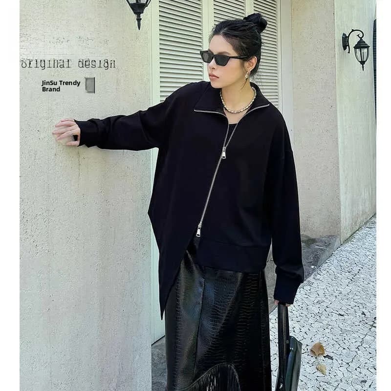 Giacca con Cappuccio Asimmetrica Casual da Donna, Nuovo Stile Autunnale, Moda Streetwear, Misto Poliestere e Cotone, Chiusura con Cerniera, Manica Lunga