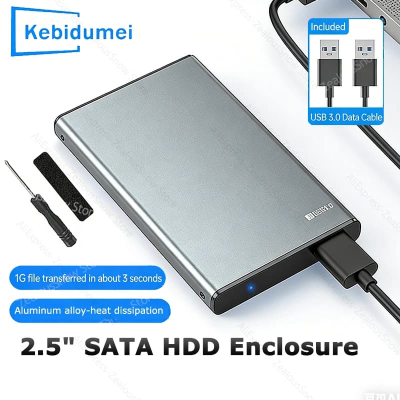 KEBIDUMEI Case per HDD da 2,5 pollici, Box esterno per SSD da 2,5 pollici SATA a USB 3.0, Adattatore 5Gbps in lega di alluminio per PC