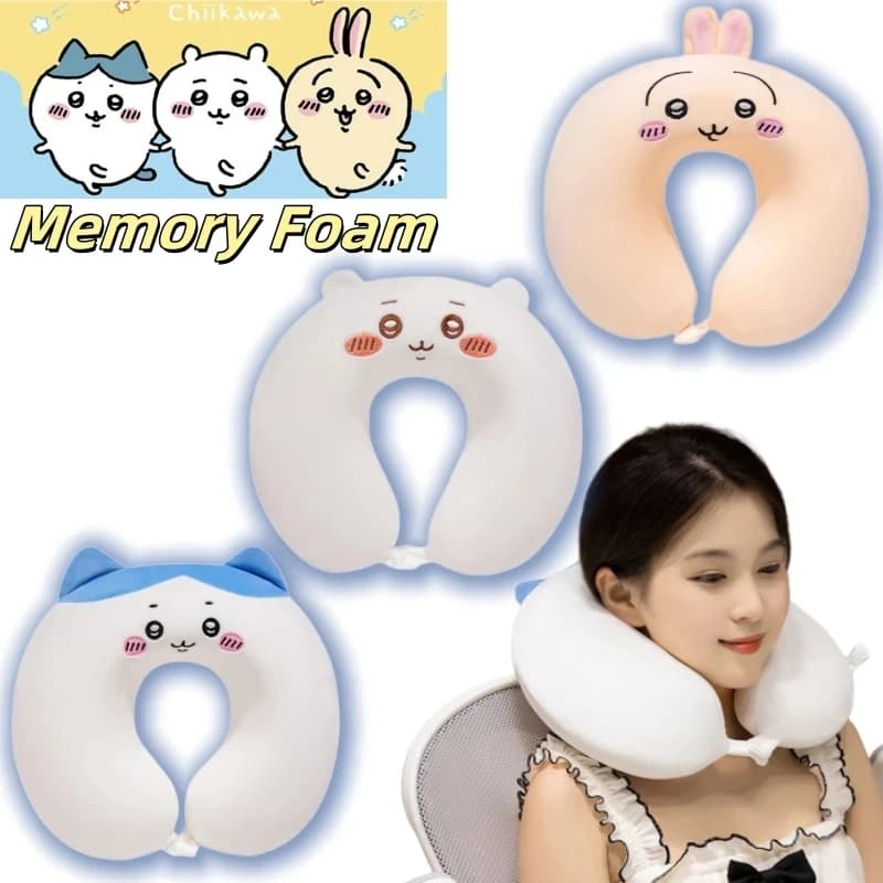 Chiikawa Usagi Memory Foam U-Shaped Travel Pillow Cute Hachiware Anime Neck Support Cushion for Airplane Car Office Washable
