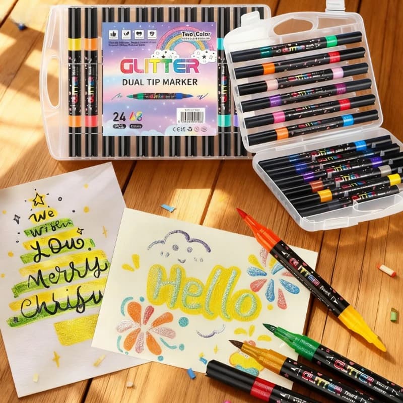 12/24pcs Glitter Pen Set Double-headed Two-color Design Not Easy To Fade Calligraphy Illustrations Graffiti Handbook Decoration