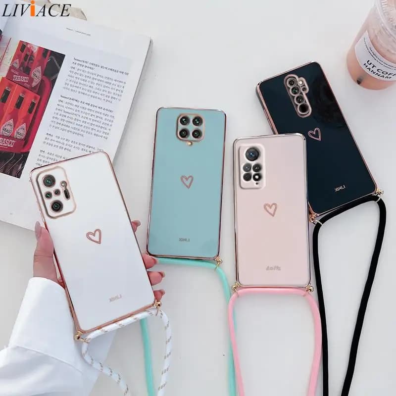 Custodia per telefono con cordino a tracolla con cuore d'amore per Xiaomi Redmi Note 10 Pro 11 12 8 9 Pro Max Plus 7 Redmi 9 9A 9T 9C 10C Cover
