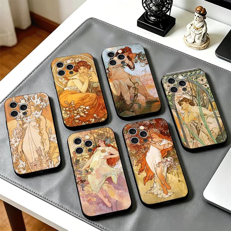 Vintage Alfons Mucha Primavera Phone Case Cover for Iphone 11 12 13 Mini 14 15 Plus 16 17 Pro Max 17E 16E XS 7 8 Air SE Black So