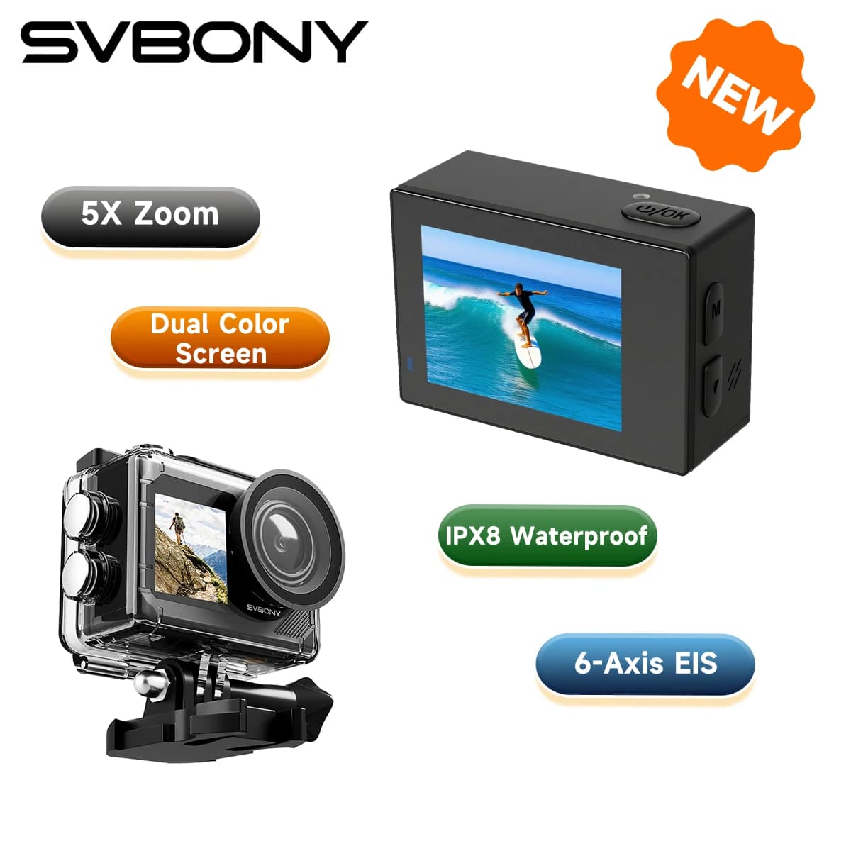 Svbony SVGo2 Action Camera Selfie Doppio schermo Vero 4K 6 assi EIS Custodia impermeabile IPX8 Bastone di galleggiamento per il surf Vlog subacqueo